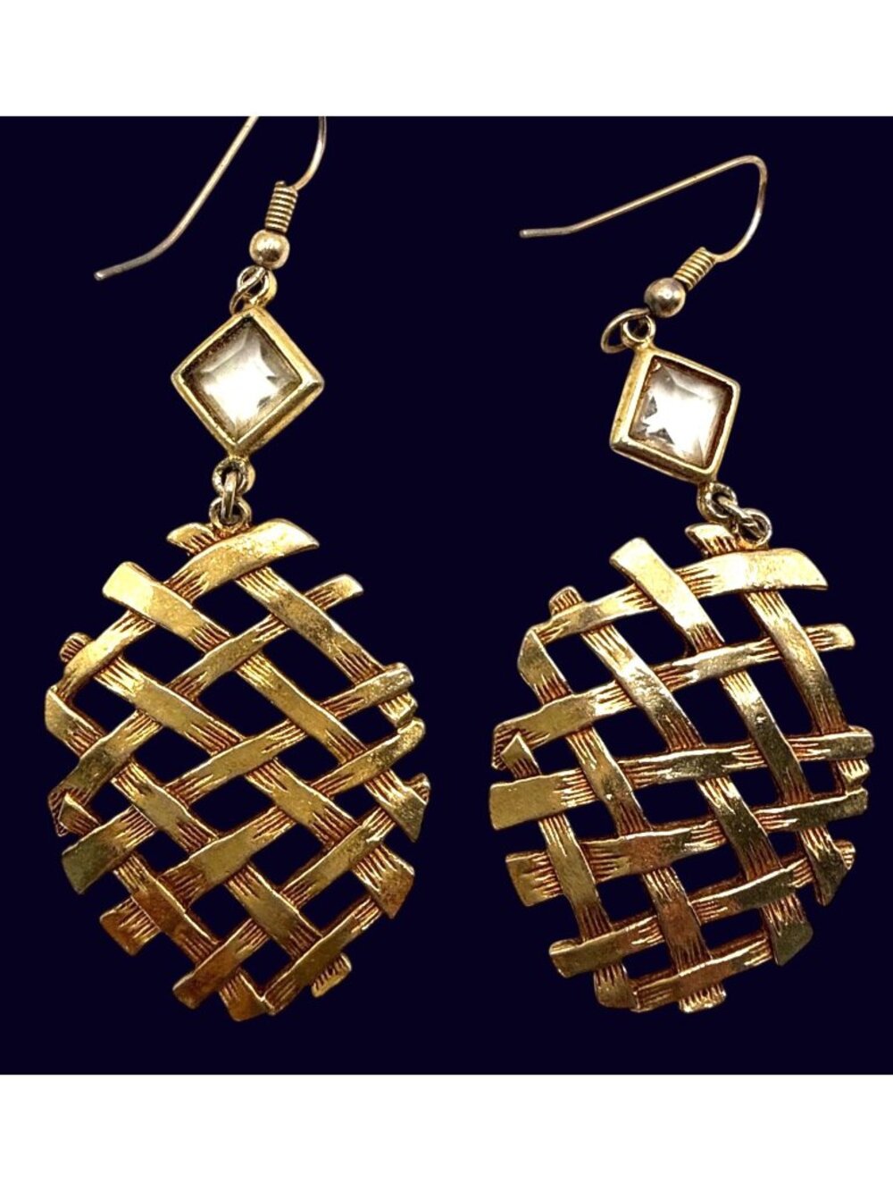 Gold Tone Lattice Drop Earrings Clear Gemstone Accents 2.5” Dangling Hook Design